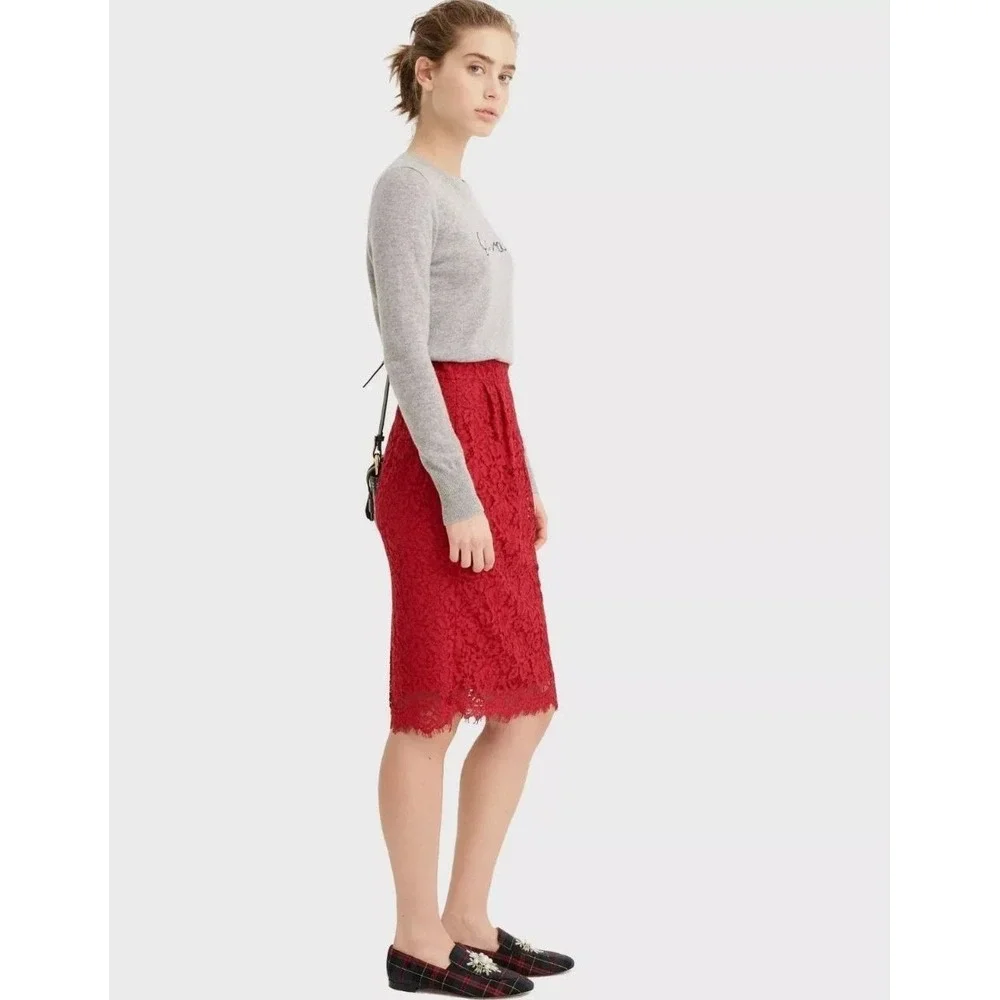J CREW Pintucked Pencil‎ Skirt Red Lace Feminine Valentines Date Night Sz 14